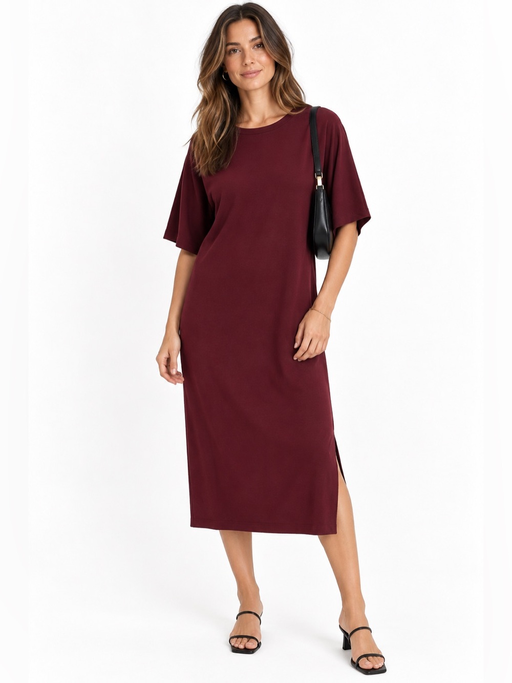 Weekend Max Mara Burgundy Midi Dress XL Dolman Sleeve Stretch Minimalist